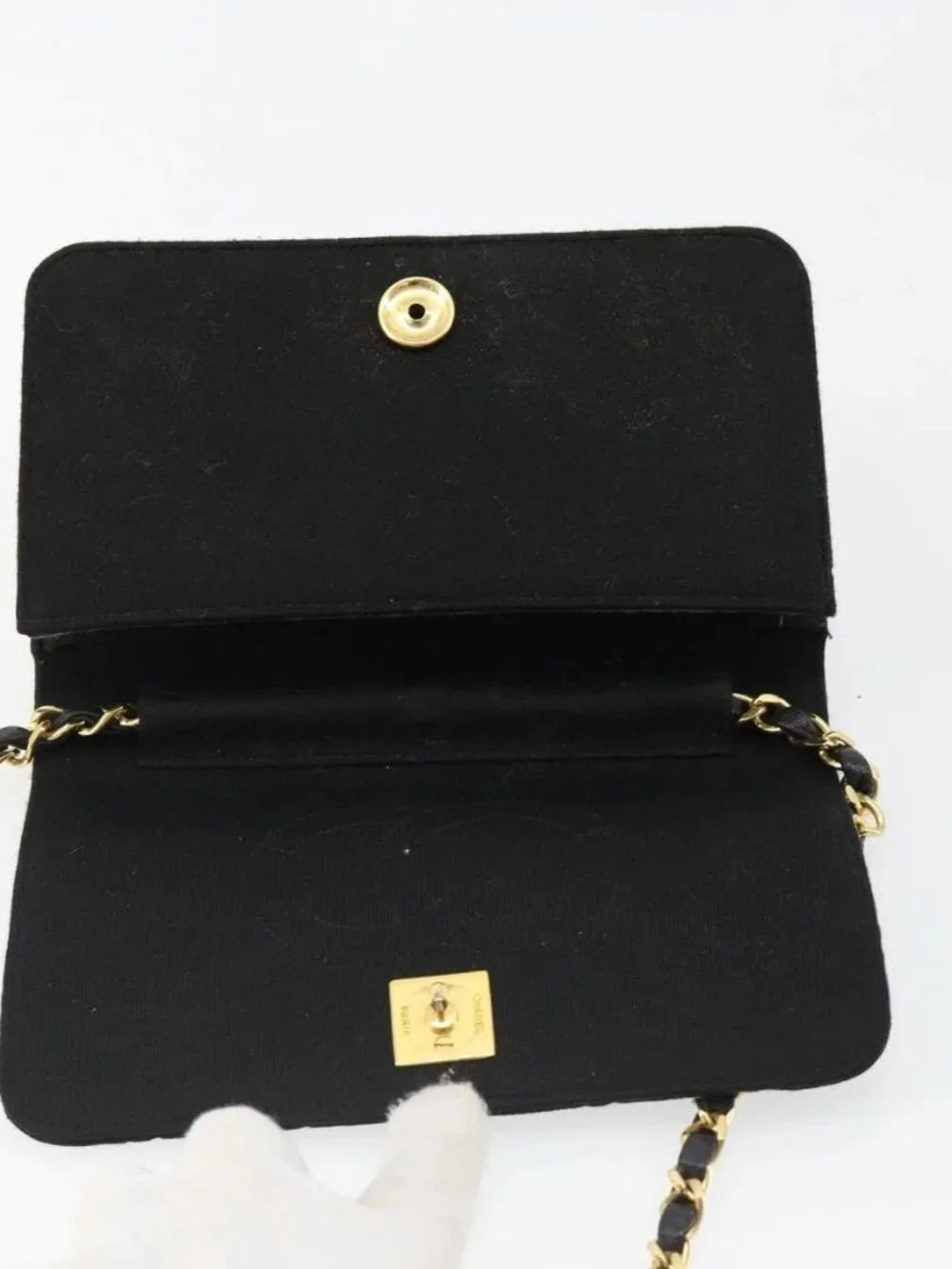 CHANEL Matelasse Chain Shoulder Bag Cotton Black Gold CC Auth 185197